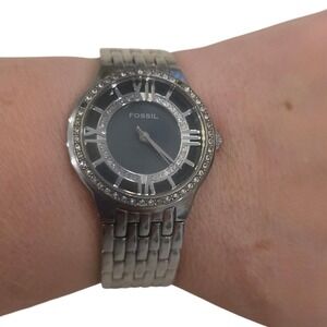 Fossil Women Silver Tone Watch Rhinestone Bezel Gray Dial ES1411 Water Resistant